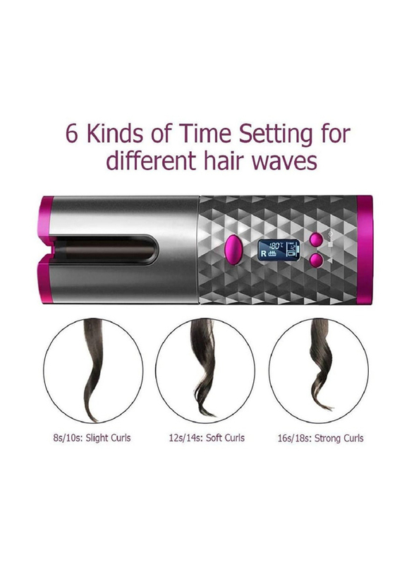 USB Rechargeable Cordless Auto Curling Iron Hair Curlers, Grey/Pink