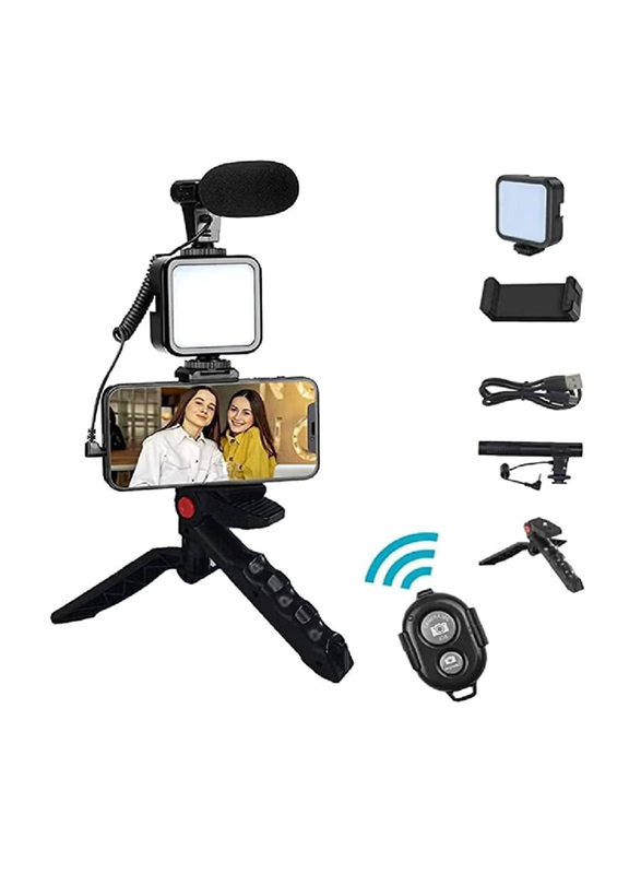 Gennext Universal Video Recording Kit with Phone Tripod/ Phone Mount/ LED Light & Cellphone, Black