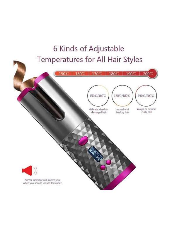 USB Rechargeable Cordless Auto Curling Iron Hair Curlers, Grey/Pink