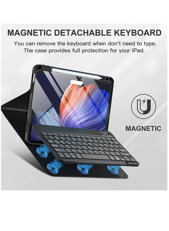 Detachable Wireless Bluetooth Trackpad Keyboard, Smart Folio Case Cover With Pencil Holder for Apple iPad Air 5 Generation 10.9-Inch (2022), Black