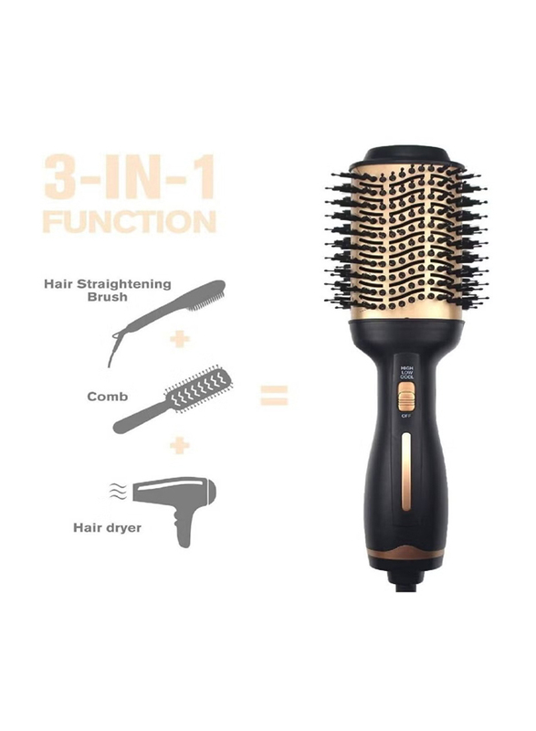 Enzo Hot Air Dryer Brush Professional Hair Dryer & Volumizer 3 in 1 Upgrade Anti-Scald Negative Ionic Technology Hair Straightener Electric Blow Dryer, Black/Gold