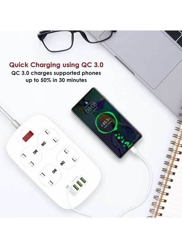 Gennext 18W 4 Way Power Extension Cord, 4 USB Fast Charging Ports, 4 UK Plugs Power Strip with 2-Meter Cable Surge Protector QC3.0, White