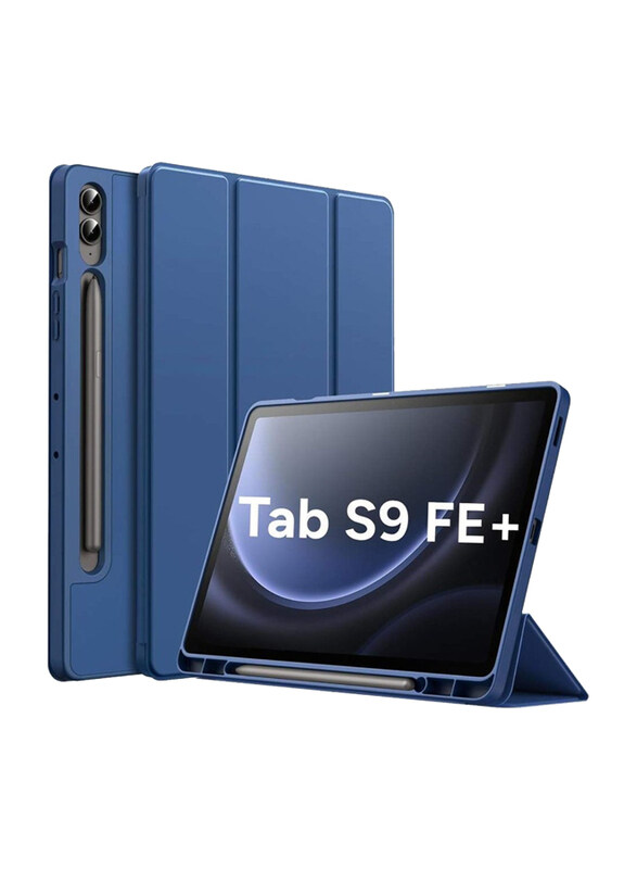 

Generic Samsung Galaxy Tab S9 FE+ 12.4-Inch Soft TPU Tri-Fold Stand Protective Tablet Flip Case Cover with S Pen Holder, Blue