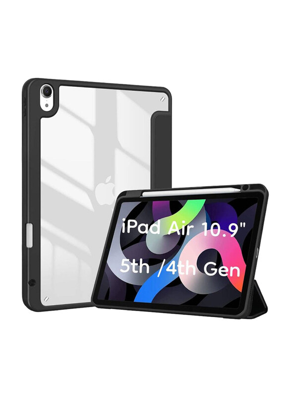 

Hyx Apple iPad Air (5th/4th Gen) 10.9" Trifold Protective Smart Tablet Case Cover with Pencil Holder & Clear Transparent Back Shell, Black