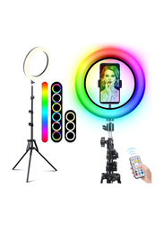 Gennext 10-inch 360° Full Color 13 Static Dynamic RGB Ring Light + 3 Daily Colors Selfie Ring Light with Adjustable Tripod Stand & Cell Phone Holder for Shooting & Live Stream, Black