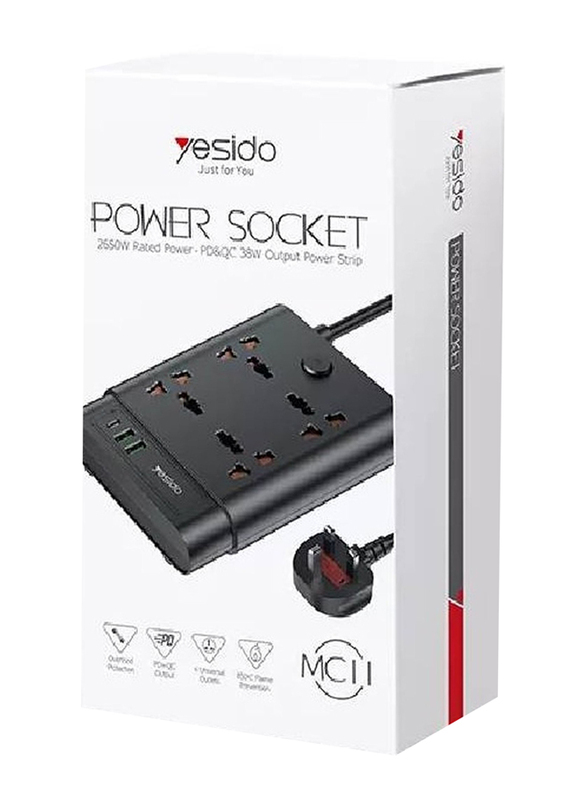 Yesido 2-Meter Long Multi Port Power Track Socket, Black