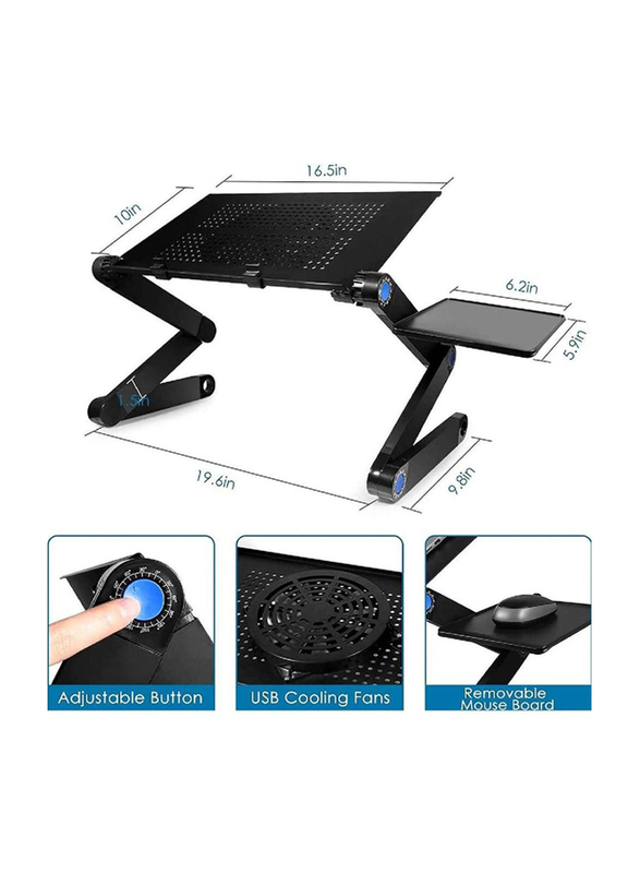 Gennext Ergonomic Cozy Desk Aluminium Adjustable Laptop Stand with USB Large Cooling Fan with Mouse Platform for All Laptops, Black