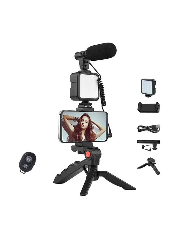 Universal Fill Light Microphone Tripod Phone Clip YouTube Vlogging Kit for Smartphone, Black