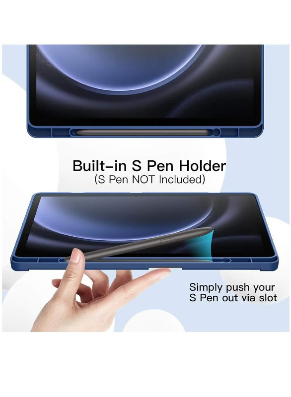 Samsung Galaxy Tab S9 FE Soft TPU Tri-Fold Stand Protective Tablet Cover Support S Pen Charging, Blue