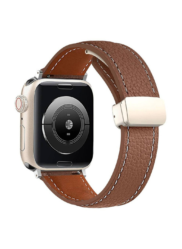 Leather Folding Metal Buckles Replacement Strap Band for Apple Watch Series Ultra SE/7/8/6/5/4/3/2/1 - 49/42/44/45mm, Brown