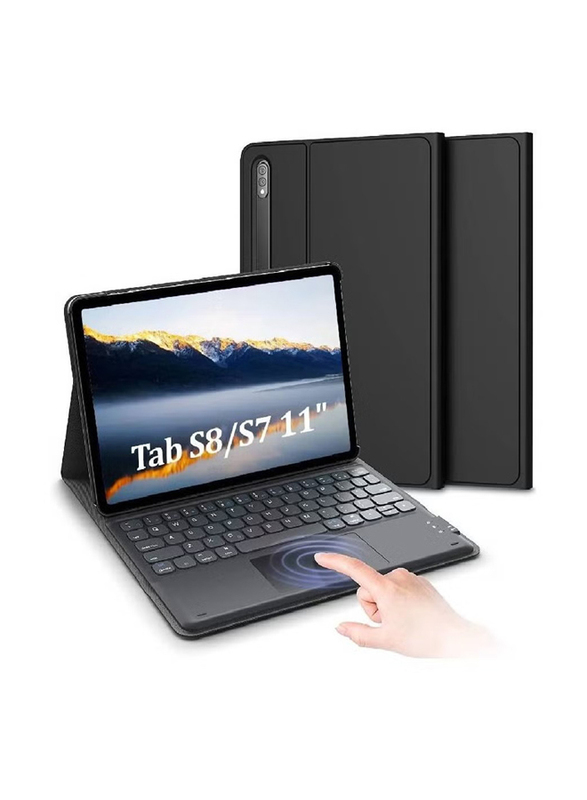 Gennext Rechargeable & Detachable BT Wireless English Keyboard PU Slim Case Cover Touchpad with S Pen Slot for Samsung Galaxy Tab S8/S7 11 inch, Black