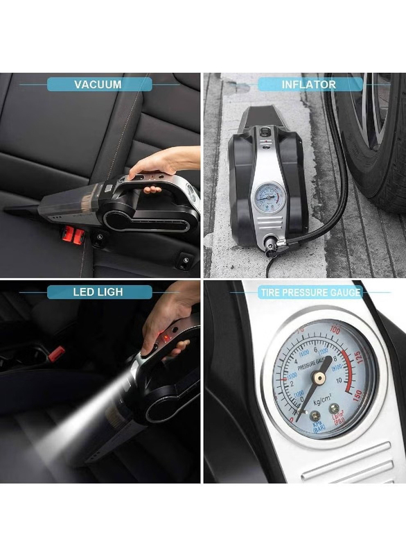 Gennext 4-in-1 Handheld Multifunction Searchlight Tire Pressure Gauge and Car Inflator Car Vacuum Cleaner DC 12V Up to 6500Pa Powerful Suction for Wet and Dry, 120W, Black