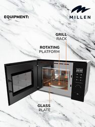 MILLEN Microwave Oven, 20L, 3 Y Warranty, Glass Finish, Touchscreen & Knob Controls, 800W Microwave Power, 1000W Grill Power, 8 Automatic Programs, MBW 381 BL