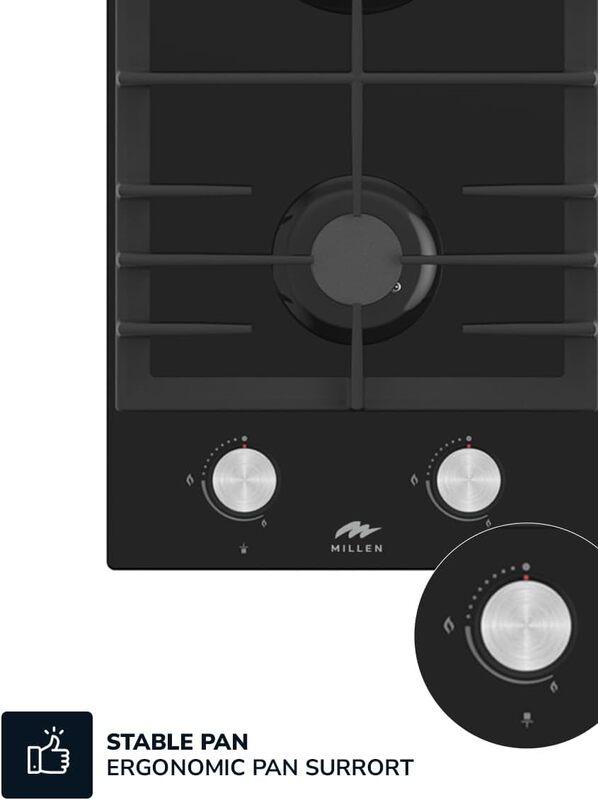 MILLEN MGHG 3001 BL 30 cm Built-in 2 Burners Gas Hob - Glass Finish, 3900 Watts, Mechanical and Electric Ignition Control, 3 Year Warranty