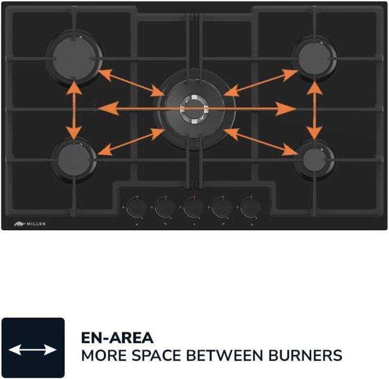 MILLEN MGHG 9002 BL 90 cm Built-in 5 Burners Gas Hob - Glass Finish, 12100 Watts, Mechanical and Electronic Ignition Control, 3 Year Warranty