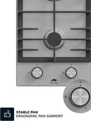 MILLEN MGH 3001 IX Built-in 30 cm Two Burners Gas Hob - Stainless-Steel Finish, 3900 Watts, Mechanical and Electric Ignition Control, 3 Year Warranty