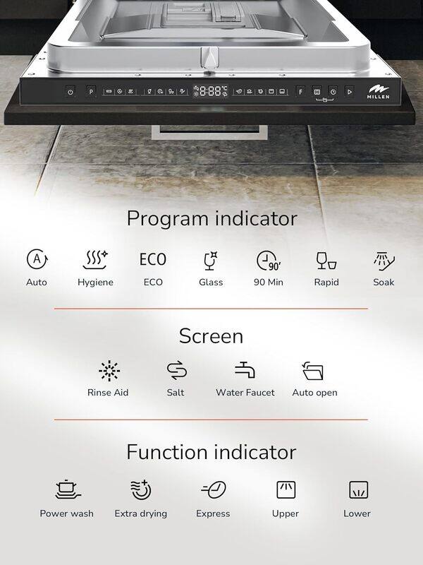 MILLEN Built-in Dishwasher 45cm - Compact and Efficient, Auto Open, AquaStop, 3Y Warranty, MDW 45732