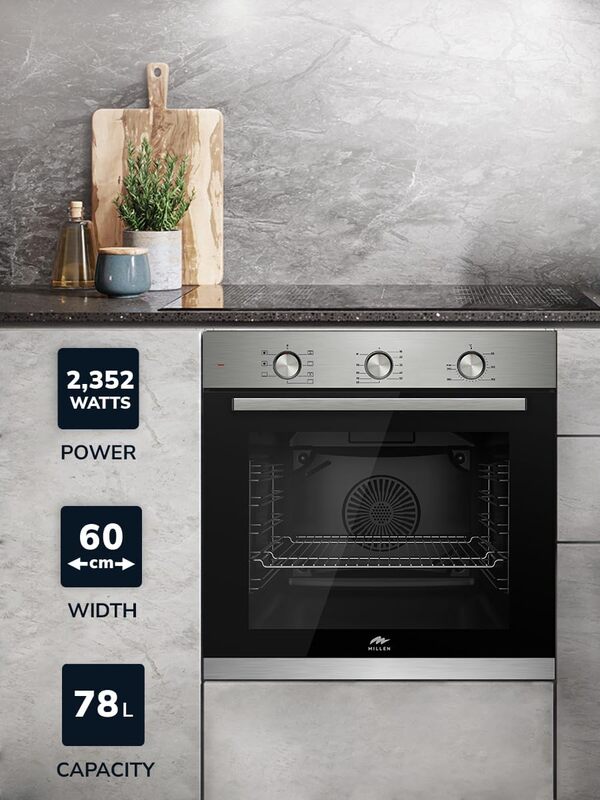 MILLEN Built In Electric Oven 7 Cooking Modes, 78L - 3 Year Warranty, SCHOTT Inner Glass, MEO 6001 IX