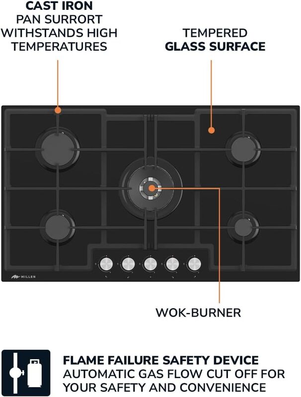 MILLEN MGHG 9002 BL 90 cm Built-in 5 Burners Gas Hob - Glass Finish, 12100 Watts, Mechanical and Electronic Ignition Control, 3 Year Warranty