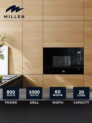 MILLEN Microwave Oven, 20L, 3 Y Warranty, Glass Finish, Touchscreen & Knob Controls, 800W Microwave Power, 1000W Grill Power, 8 Automatic Programs, MBW 381 BL