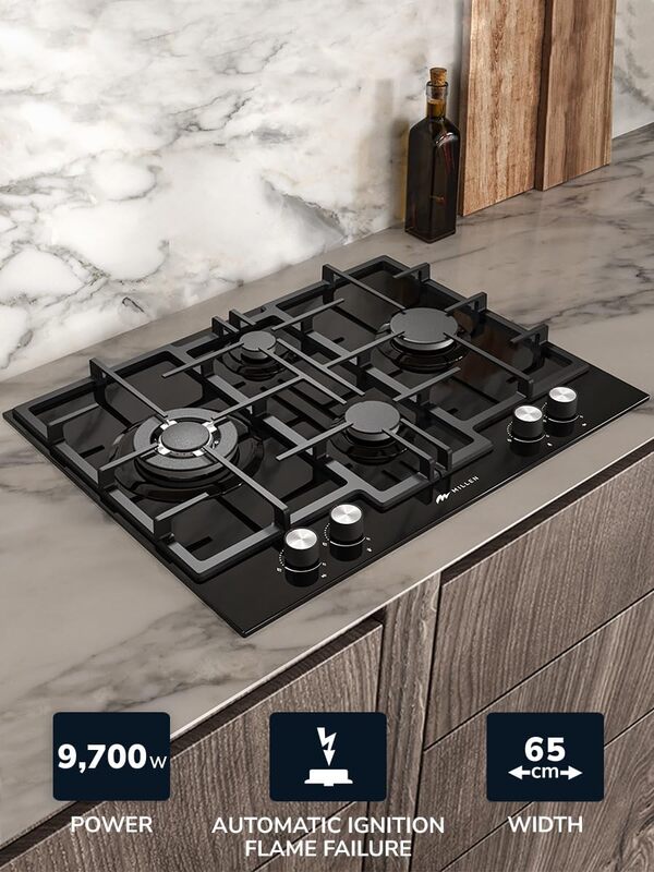 MILLEN 65 cm Built In Black Glass Gas Hob with SABAF Burners -3 Years Warranty, MGHG 6502 BL