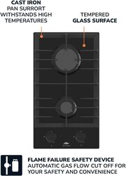 MILLEN MGHG 3002 BL 30 cm Built-in 2 Burners Gas Hob - Glass Finish, 3900 Watts, Mechanical and Electric Ignition Control, 3 Year Warranty