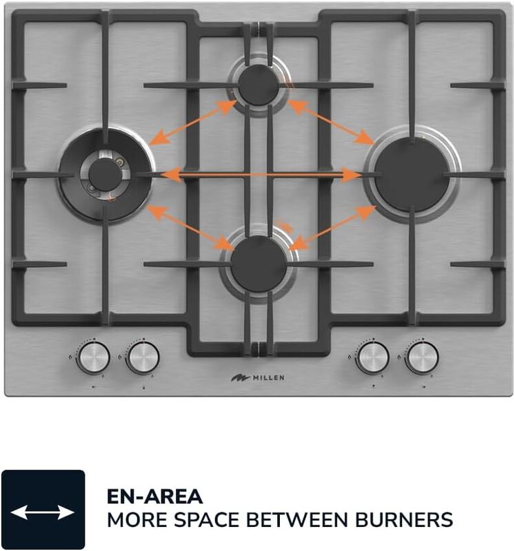 MILLEN MGH 6501 IX 65 cm Built-in 4 Burners Gas Hob - Stainless-Steel Finish, 9700 Watts, Mechanical and Electric Ignition Control, 3 Year Warranty