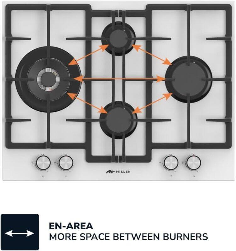 MILLEN 65 cm Built In White Glass Gas Hob with SABAF Burners - 3 Years Warranty, MGHG 6502 WH