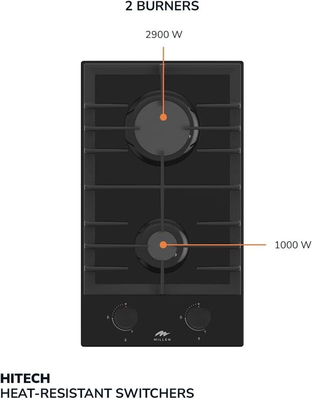 MILLEN MGHG 3002 BL 30 cm Built-in 2 Burners Gas Hob - Glass Finish, 3900 Watts, Mechanical and Electric Ignition Control, 3 Year Warranty