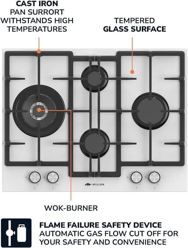 MILLEN 65 cm Built In White Glass Gas Hob with SABAF Burners - 3 Years Warranty, MGHG 6502 WH