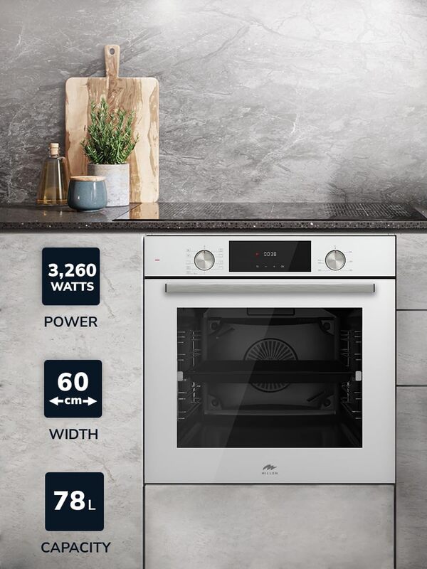 MILLEN MEO 6003 WH 78L Electric Oven - Energy Class A, 9 Cooking Modes, 60 cm, SCHOTT Double Glass Door, Glass finish, Mechanical and Touch Control with Timer, 3 Year Warranty
