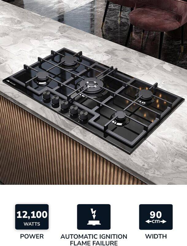 MILLEN MGHG 9002 BL 90 cm Built-in 5 Burners Gas Hob - Glass Finish, 12100 Watts, Mechanical and Electronic Ignition Control, 3 Year Warranty