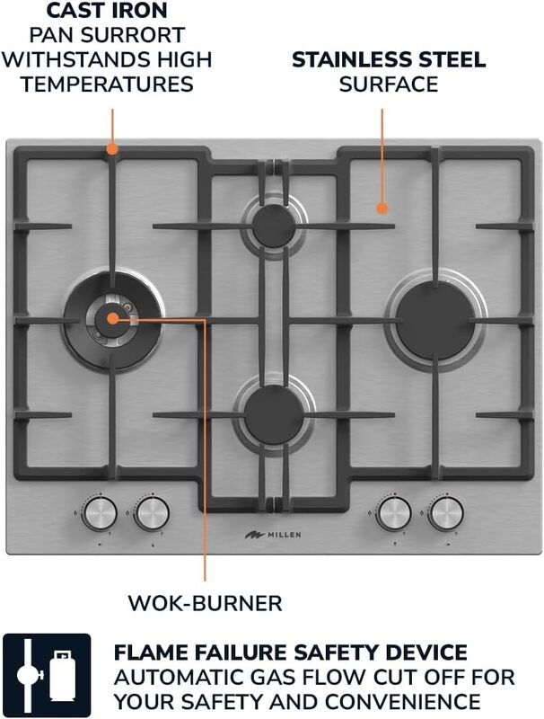 MILLEN MGH 6501 IX 65 cm Built-in 4 Burners Gas Hob - Stainless-Steel Finish, 9700 Watts, Mechanical and Electric Ignition Control, 3 Year Warranty