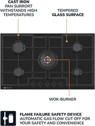 MILLEN MGHG 9002 BL 90 cm Built-in 5 Burners Gas Hob - Glass Finish, 12100 Watts, Mechanical and Electronic Ignition Control, 3 Year Warranty