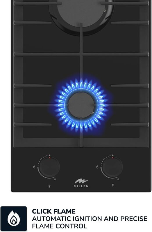 MILLEN MGHG 3002 BL 30 cm Built-in 2 Burners Gas Hob - Glass Finish, 3900 Watts, Mechanical and Electric Ignition Control, 3 Year Warranty