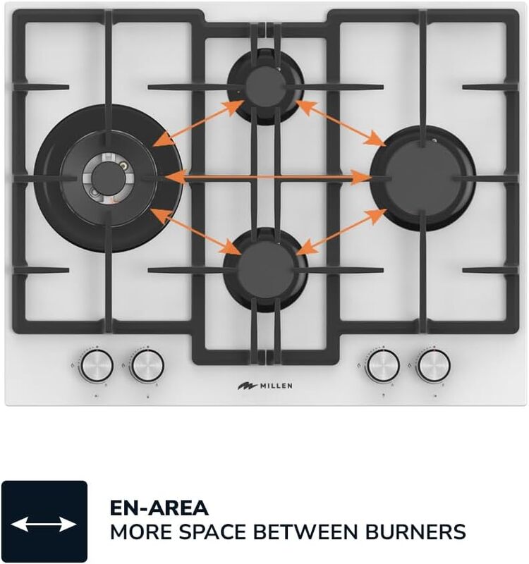 MILLEN 65 cm Built In White Glass Gas Hob with SABAF Burners -3 Years Warranty, MGHG 6502 WH
