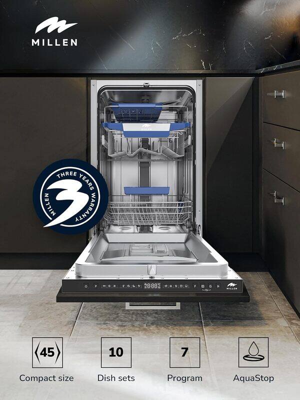 MILLEN Built-in Dishwasher 45cm - Compact and Efficient, Auto Open, AquaStop, 3Y Warranty, MDW 45732