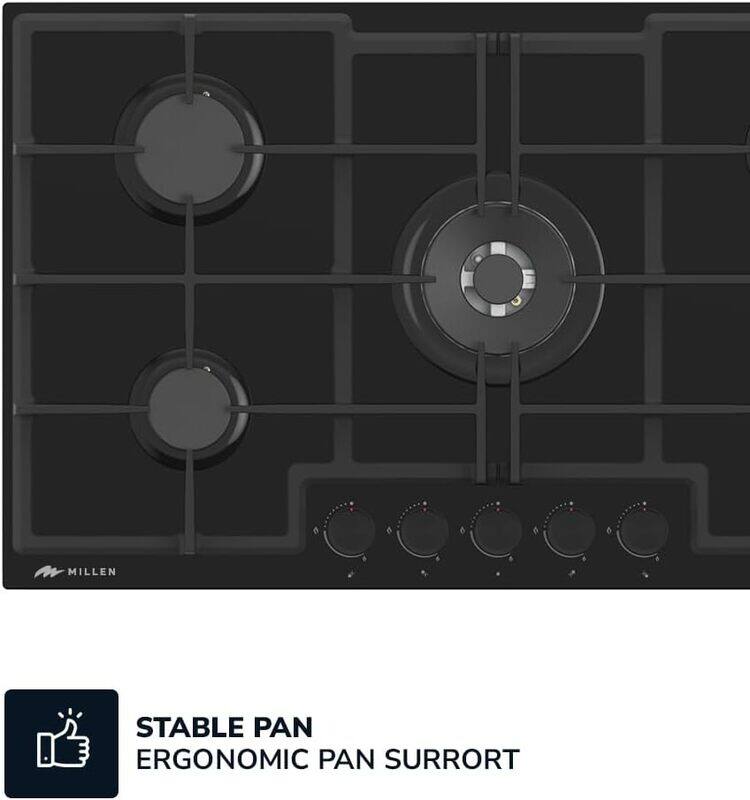 MILLEN MGHG 9002 BL 90 cm Built-in 5 Burners Gas Hob - Glass Finish, 12100 Watts, Mechanical and Electronic Ignition Control, 3 Year Warranty