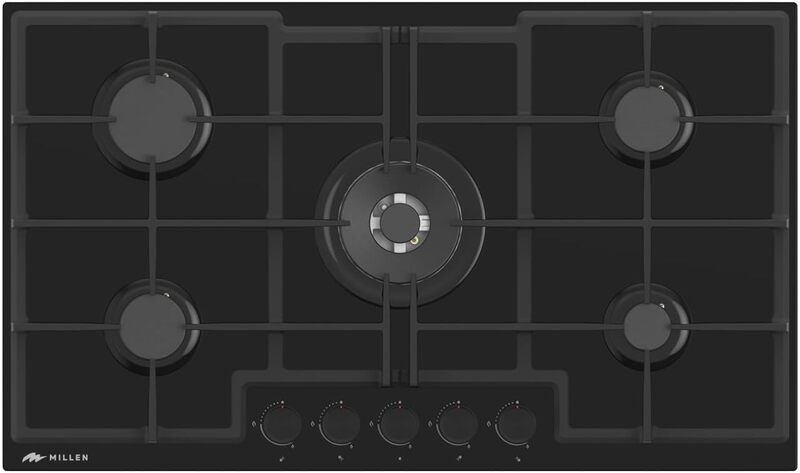MILLEN MGHG 9001 BL 90 cm Built-in 5 Burners Gas Hob - Glass Finish, 12100 Watts, Mechanical and Electronic Ignition Control, 3 Year Warranty