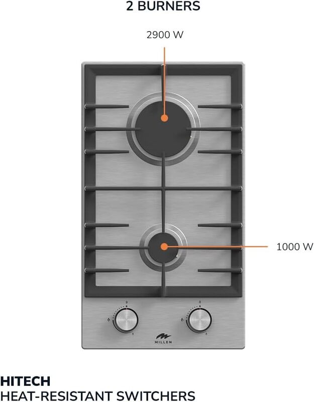 MILLEN MGH 3001 IX Built-in 30 cm Two Burners Gas Hob - Stainless-Steel Finish, 3900 Watts, Mechanical and Electric Ignition Control, 3 Year Warranty