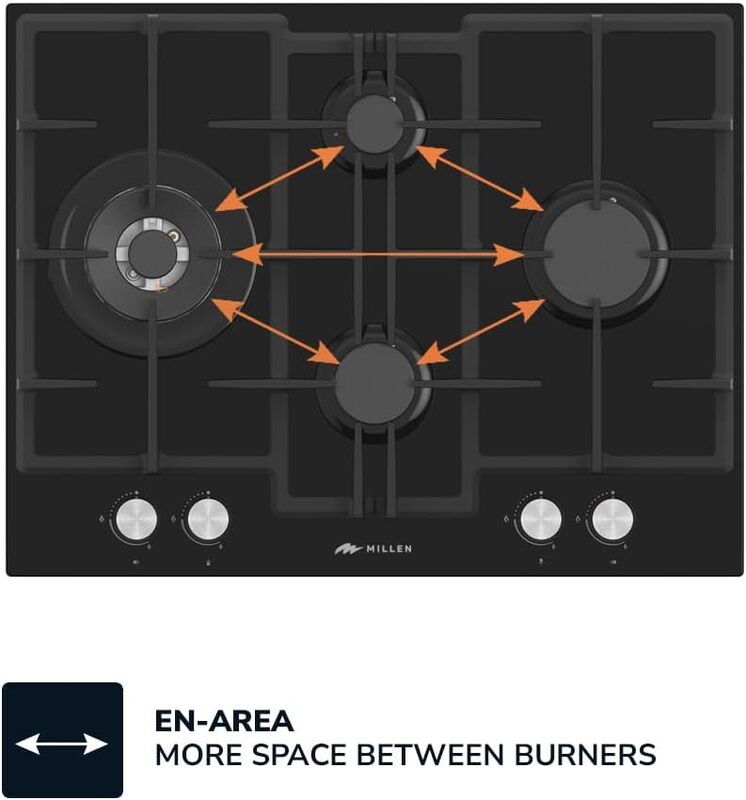 MILLEN 65 cm Built In Black Glass Gas Hob with SABAF Burners -3 Years Warranty, MGHG 6502 BL