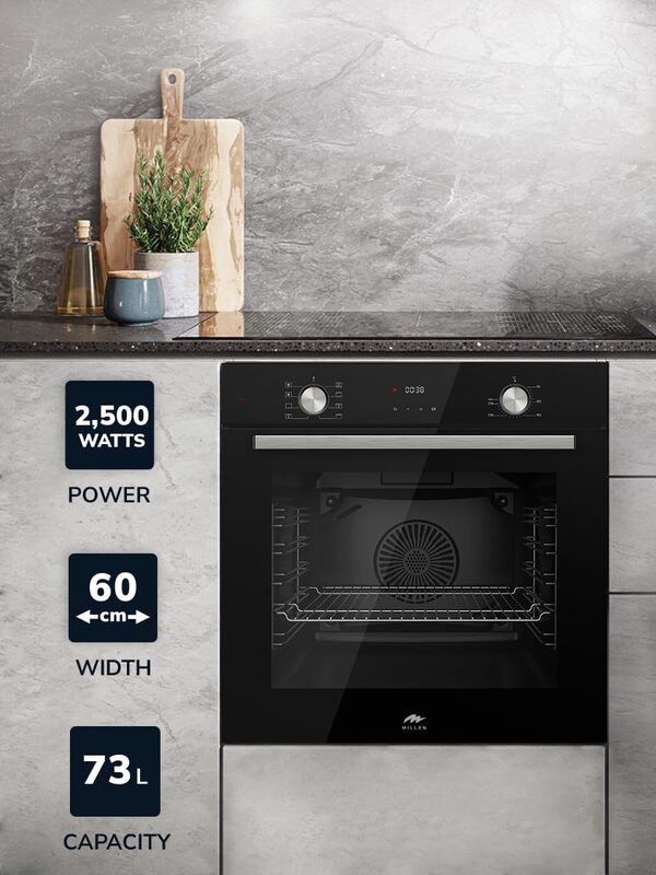 MILLEN MEO 6002 BL 73L Electric Oven - Energy Class A, 8 Cooking Modes, 60 cm, SCHOTT Double Glass Door, Glass finish, Mechanical and Touch Control with Timer, 3 Year Warranty