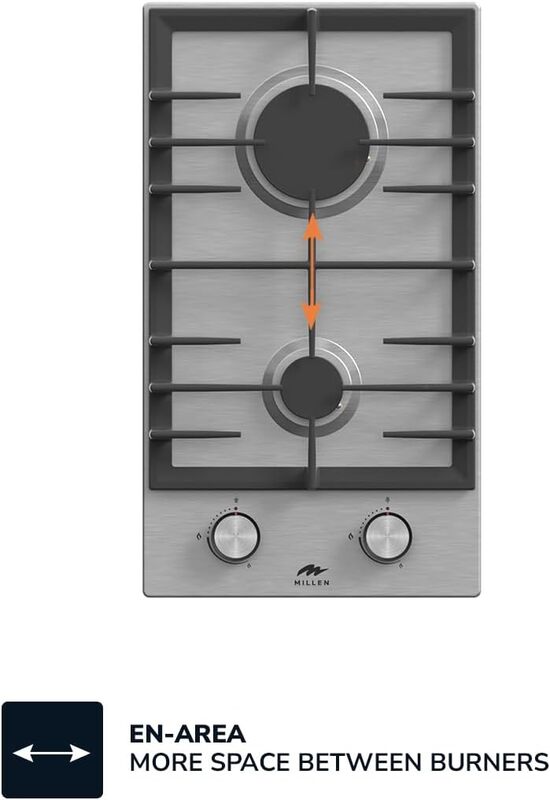 MILLEN MGH 3001 IX Built-in 30 cm Two Burners Gas Hob - Stainless-Steel Finish, 3900 Watts, Mechanical and Electric Ignition Control, 3 Year Warranty