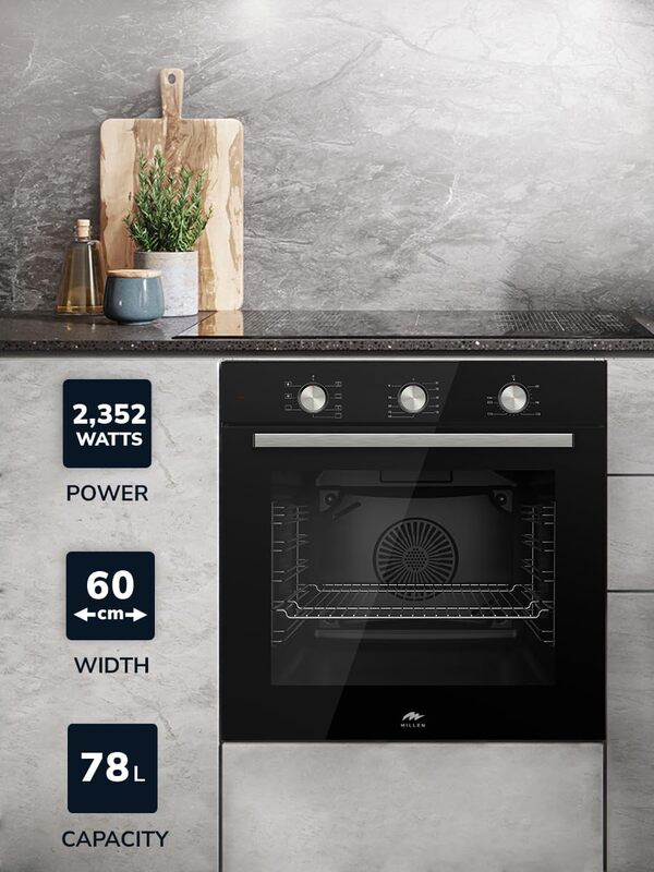 MILLEN Built In Electric Oven 7 Cooking Modes, 78L - 3 Year Warranty, SCHOTT Inner Glass, MEO 6001 BL