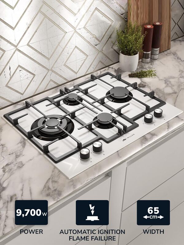 MILLEN 65 cm Built In White Glass Gas Hob with SABAF Burners -3 Years Warranty, MGHG 6502 WH