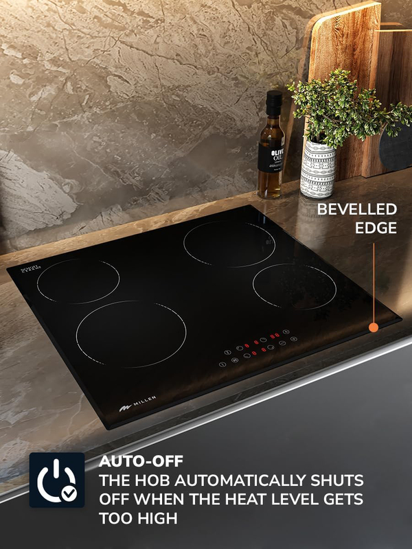 Millen 60cm 4-Burner Built-In Electric Hob, 6000W, MEH 601 BL, Black