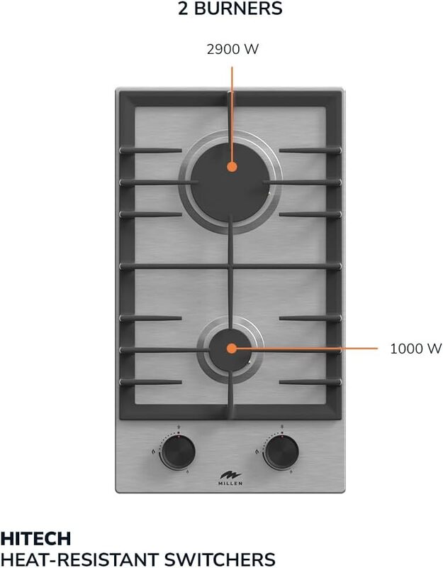 MILLEN MGH 3002 IX 30 cm Built-in 2 Burners Gas Hob - Stainless-Steel Finish, 3900 Watts, Mechanical and Electronic Ignition Control, 3 Year Warranty