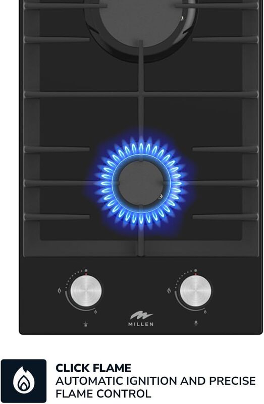 MILLEN MGHG 3001 BL 30 cm Built-in 2 Burners Gas Hob - Glass Finish, 3900 Watts, Mechanical and Electric Ignition Control, 3 Year Warranty