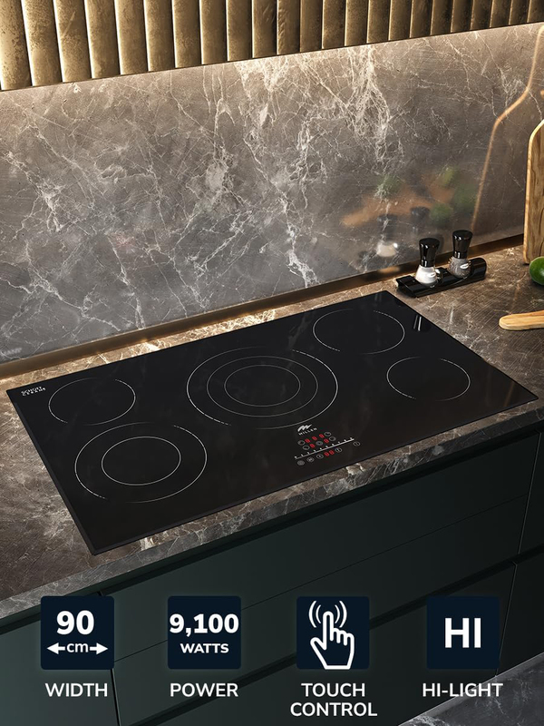 Millen 90cm 5-Burner Built-In Electric Hob, 9100W, MEH 904 BL, Black