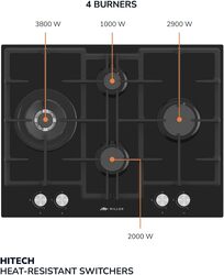 MILLEN 65 cm Built In Black Glass Gas Hob with SABAF Burners -3 Years Warranty, MGHG 6502 BL